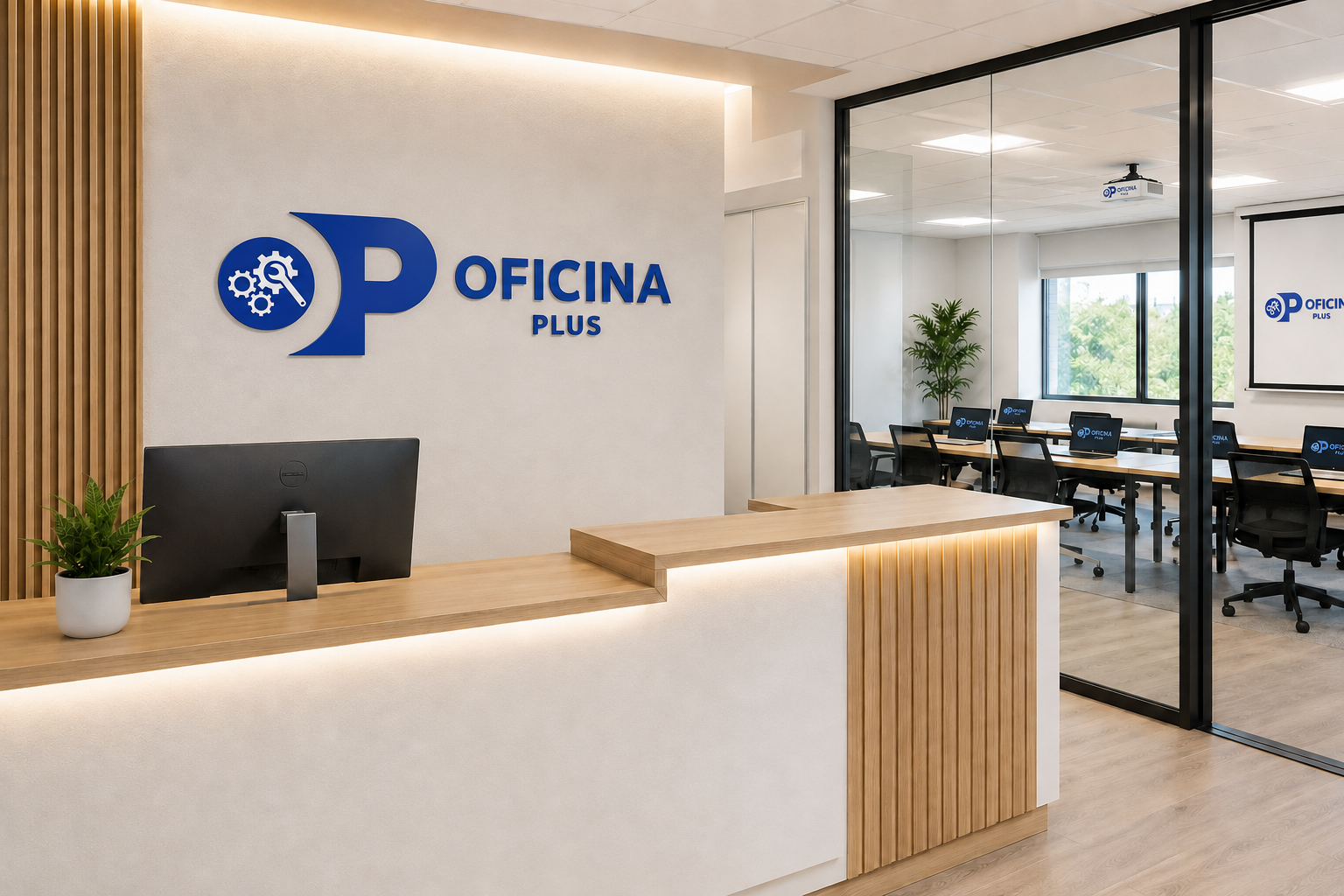 Conceito de receção OficinaPlus com balcão e sala de formação