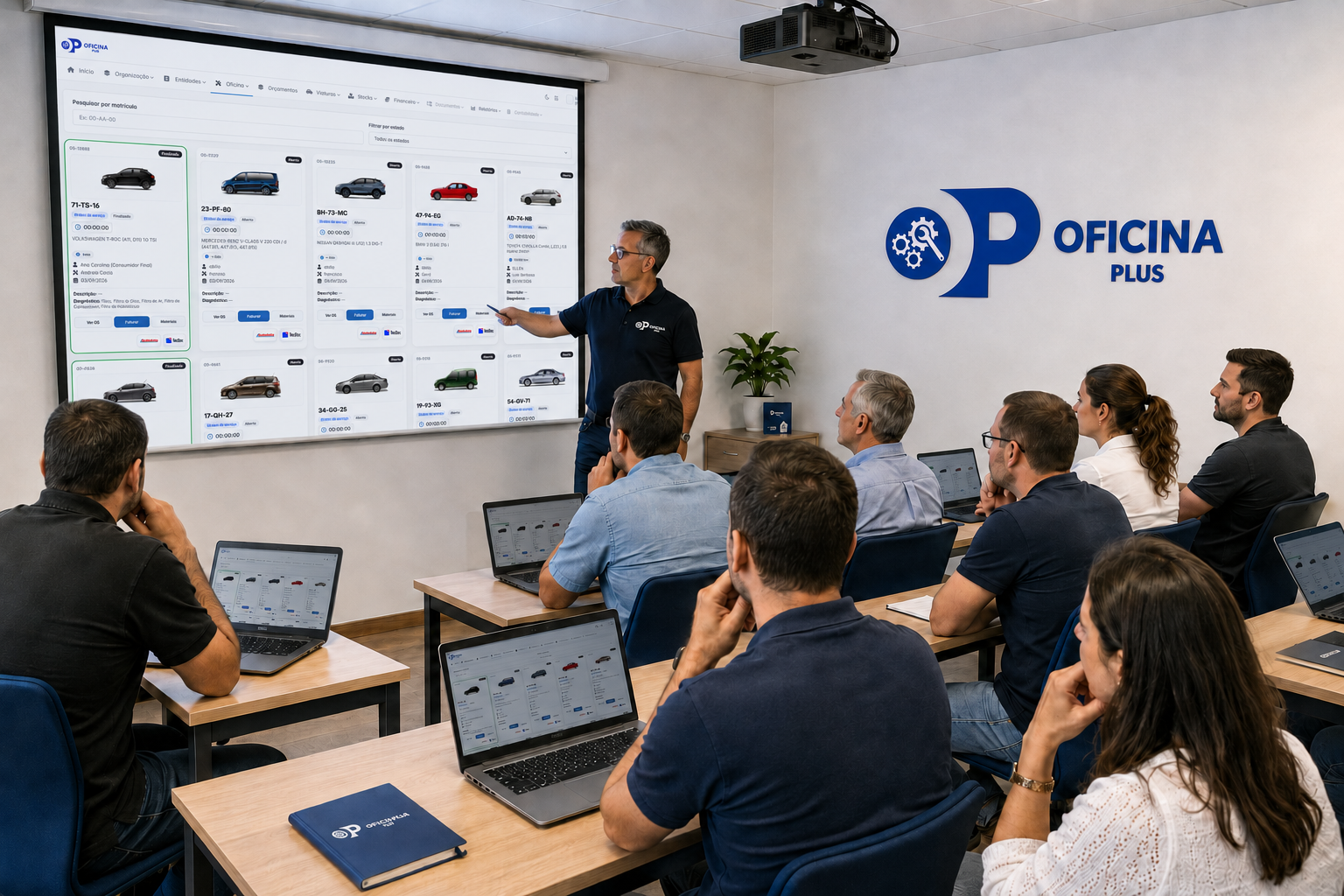 Sessão ilustrativa de formação no OficinaPlus, com formador, participantes e projeção do software