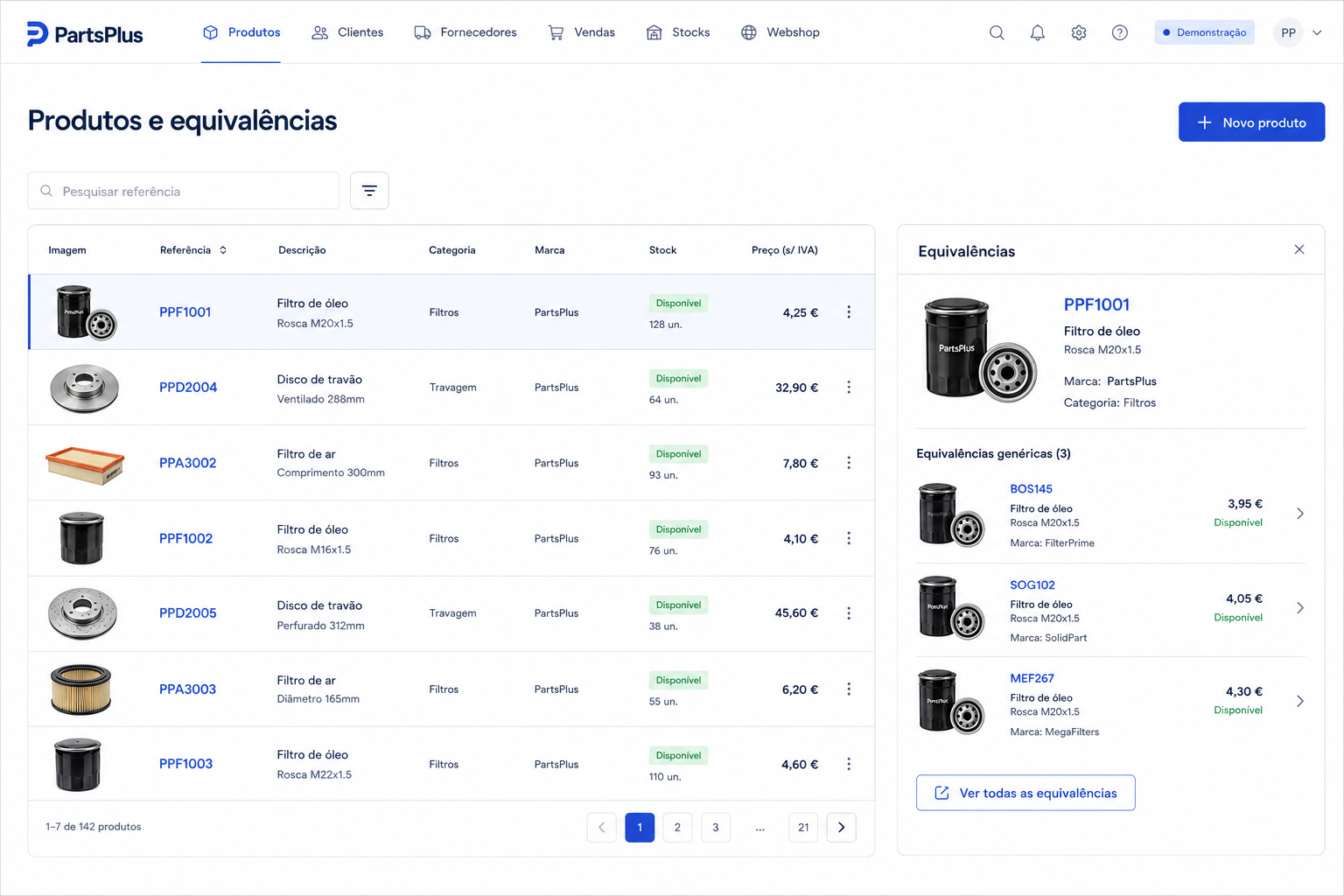 Interface ilustrativa PartsPlus — produtos, stocks e equivalências