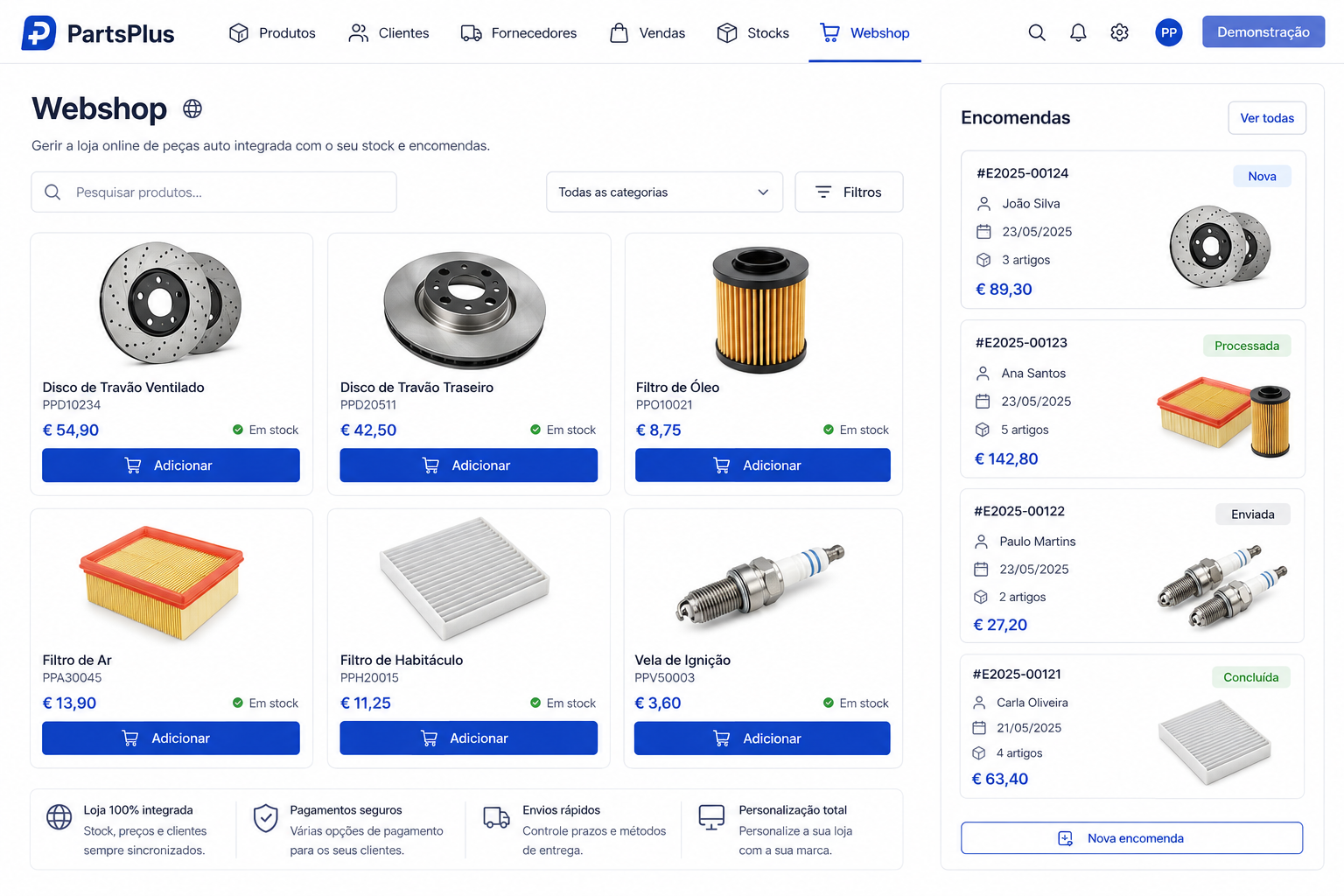 Interface ilustrativa PartsPlus — loja online de peças e encomendas
