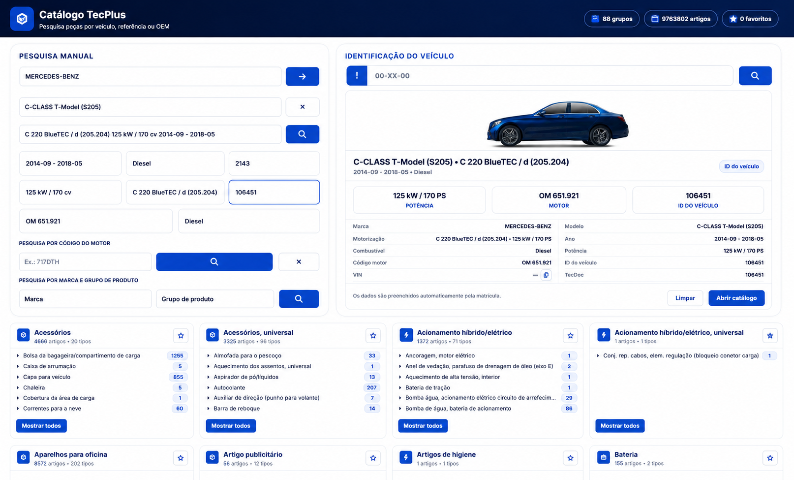 Ficha TecPlus com imagem da peça, referências OE, aplicações e alternativas