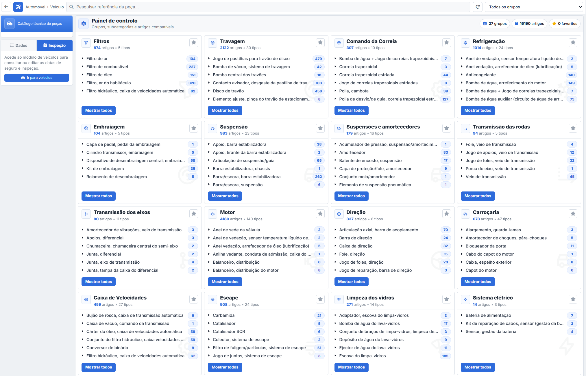 Interface TecPlus com identificação da viatura e categorias de peças