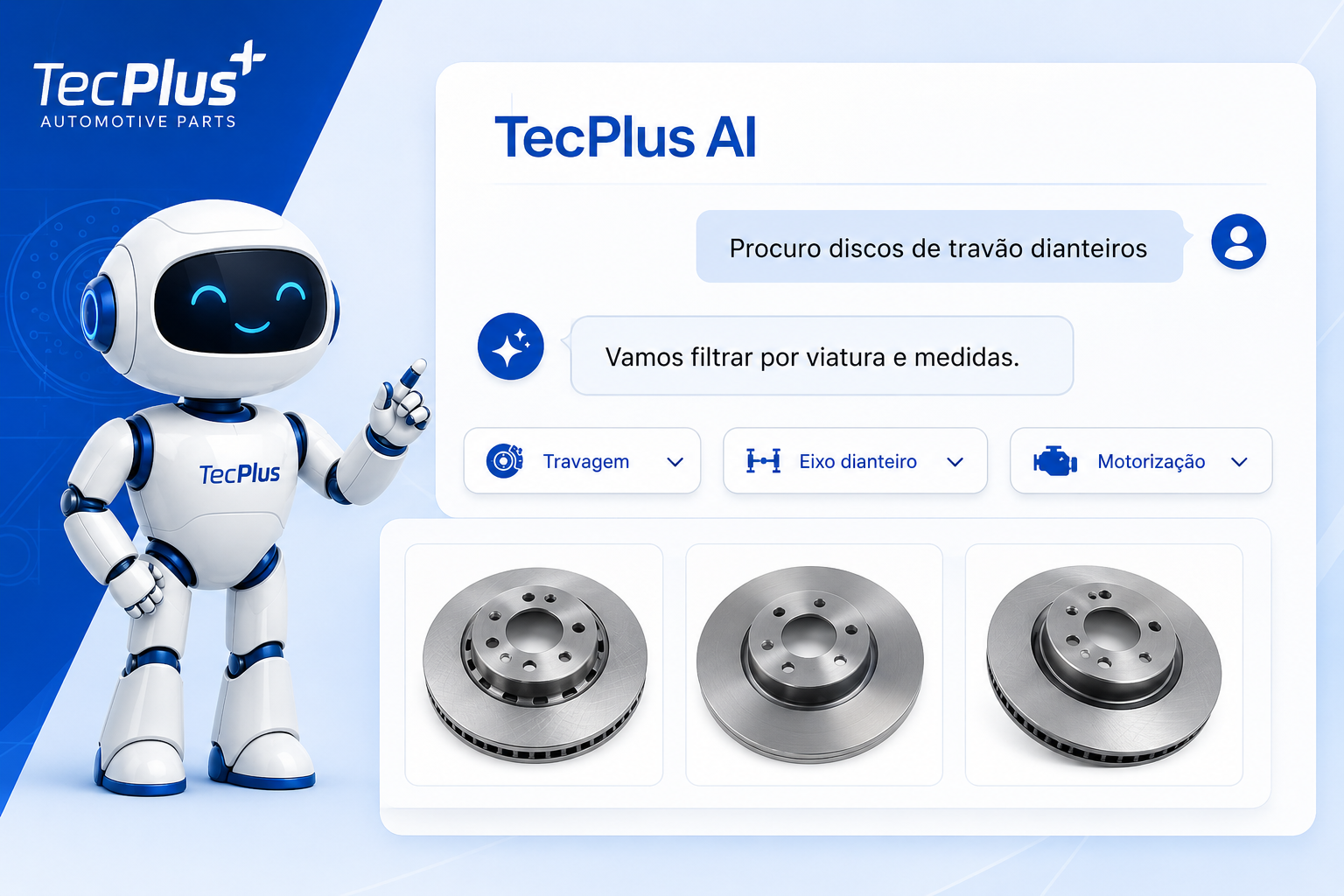 Ilustração do chatbot TecPlus AI com robô e filtros de pesquisa de peças