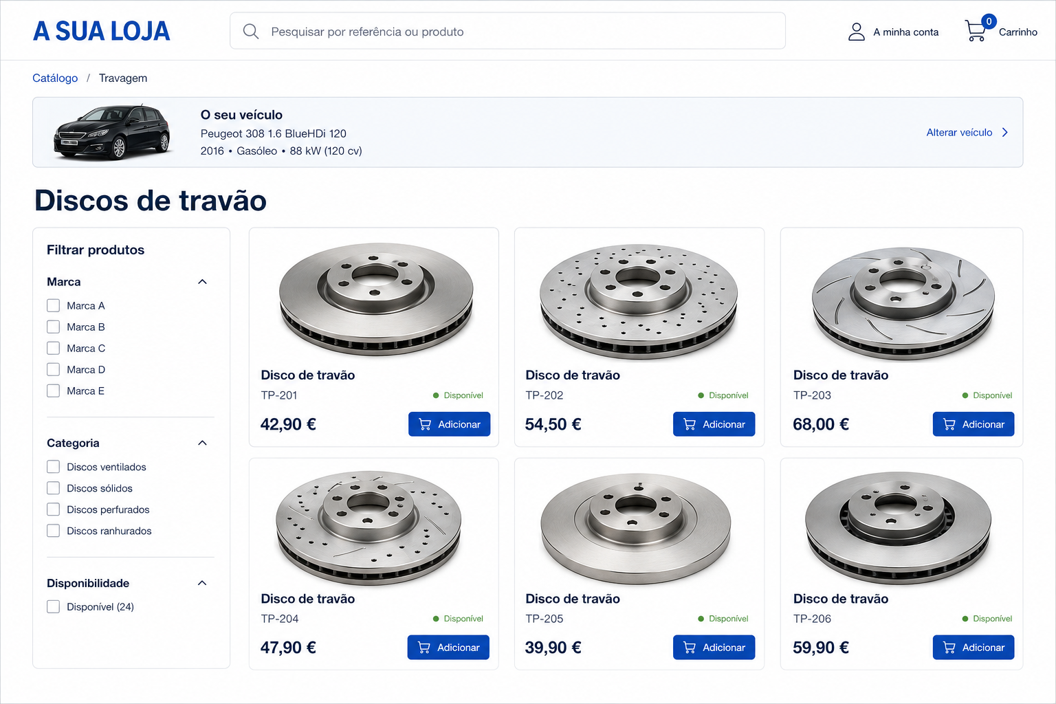 Catálogo online de peças com filtros e referências