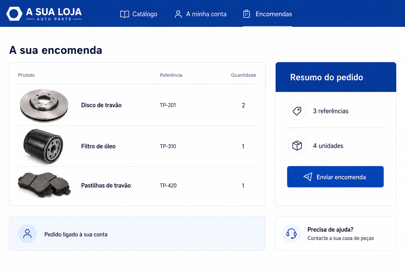 Encomenda de peças com artigos, referências e quantidades