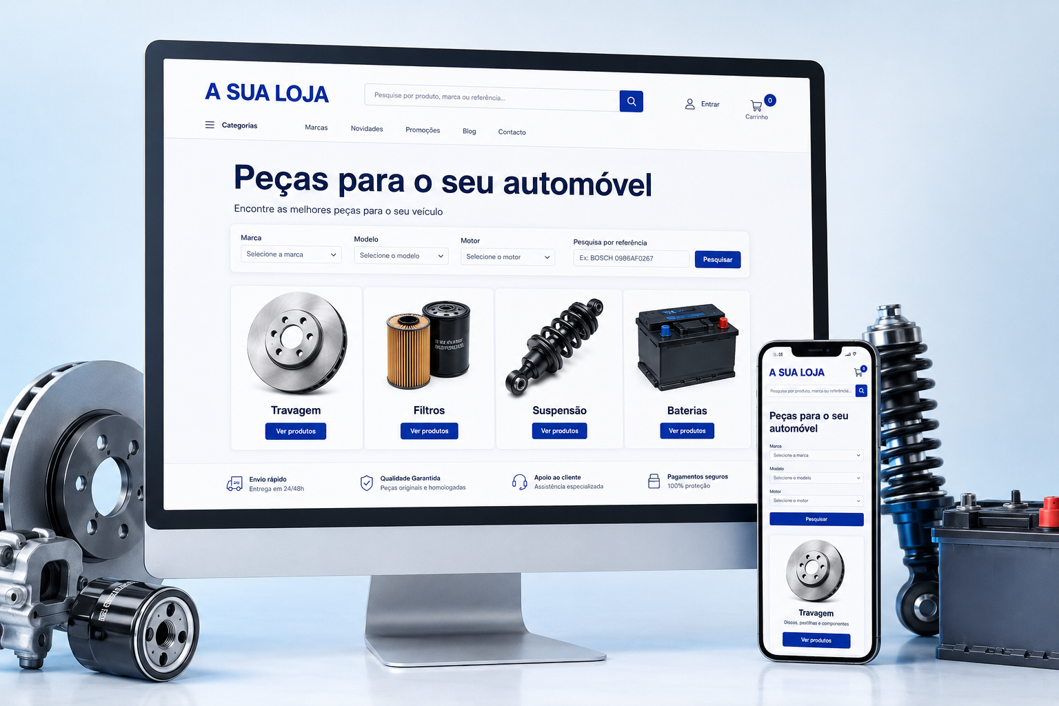 Loja online de peças automóveis em computador e telemóvel